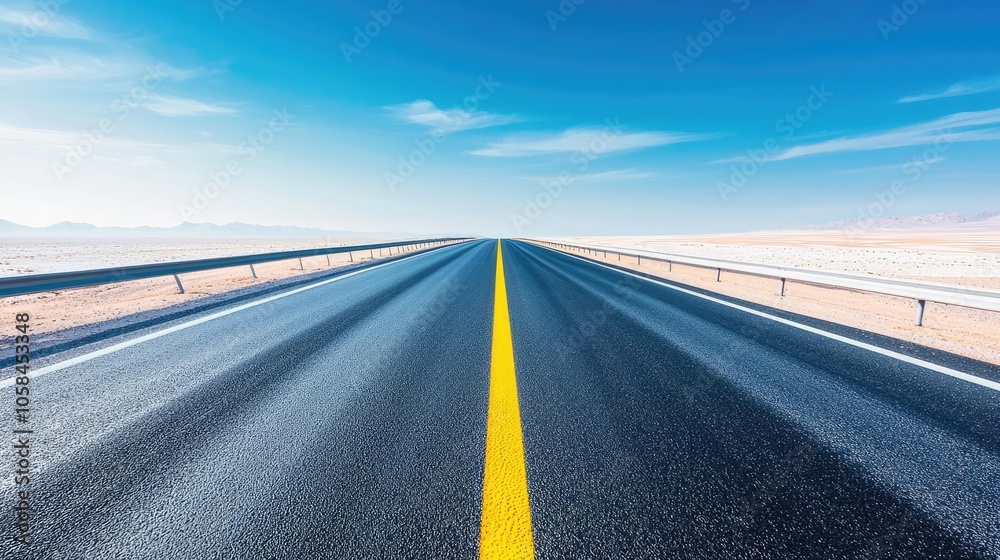 Fototapeta premium Endless straight road under a blue sky, minimalistic and open landscape.