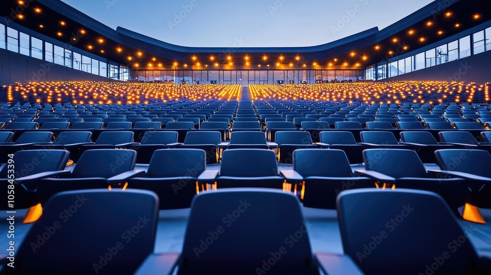 Naklejka premium Modern auditorium with rows of empty blue chairs and warm lighting.