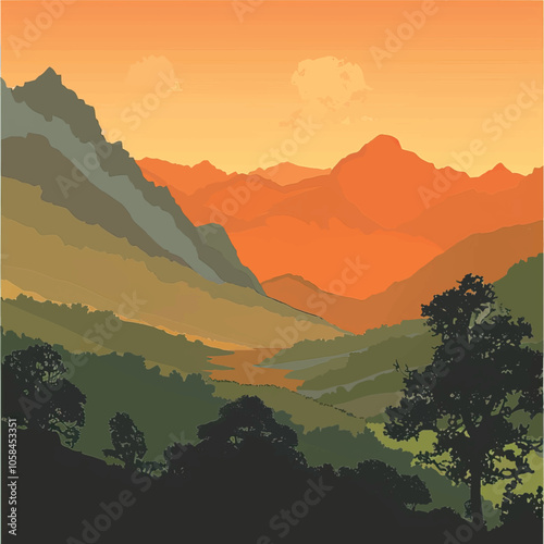  A valley with distant mountains. silhouette illustration