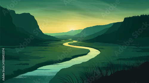 A winding river through a green valley. silhouette illustration