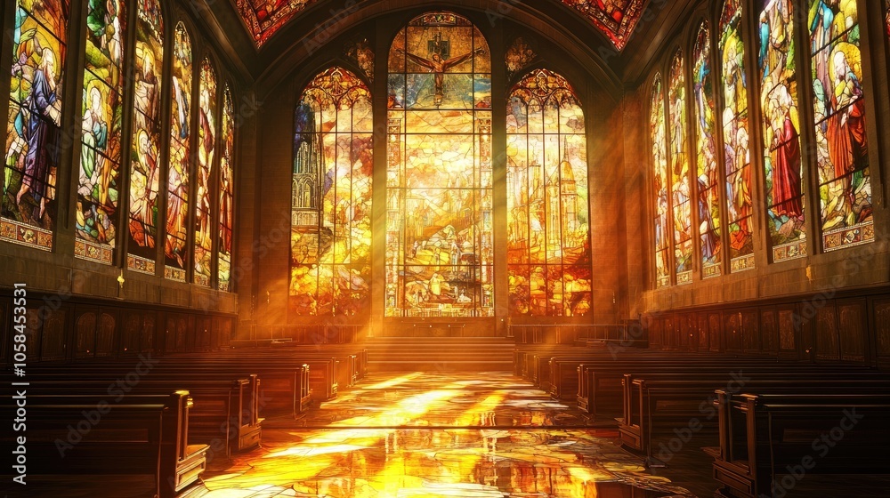 Fototapeta premium Stained glass windows depicting Biblical scenes, with sunlight streaming through an empty sanctuary.
