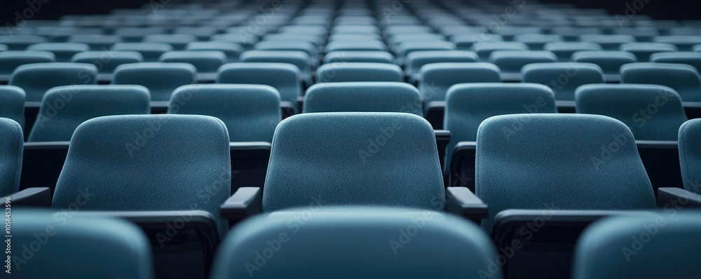 Rows of empty teal seats in a modern auditorium, perfect for event or conference. Rows of empty teal seats in a modern auditorium, perfect for event or conference.