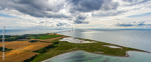 Korser, Denmark. Great Belt Road Bridge. Panorama in summer. Cloudy weather. Aerial view photo