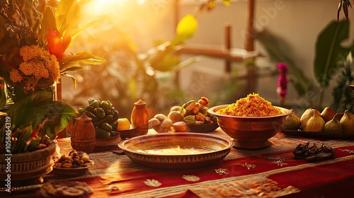 Traditional Pongal setup under a glowing sunset, vibrant tropical decor representing Tamil Nadu cultural heritage. photo