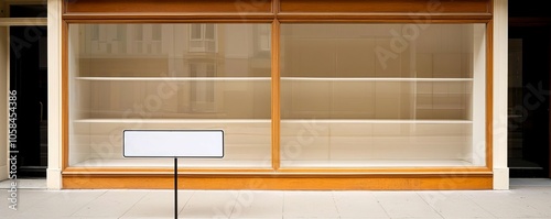 Empty shop front with a clear display window and a sign that reads 'FOD LITT', showcasing modern architecture and urban design. photo