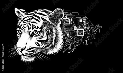 Tiger with a digital brain, concept art of the future, AI technology. photo