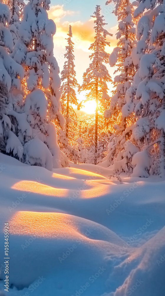 snowy forest landscape with sunset glow and sunbeams snowy forest landscape with sunset glow and sunbeams