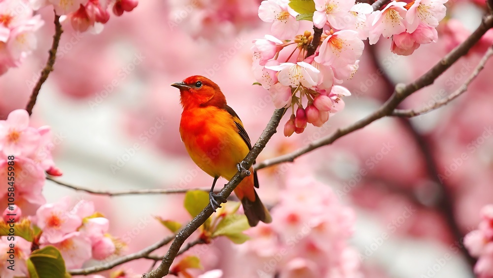 Vibrant bird perched on a flowering branch Vibrant bird perched on a flowering branch