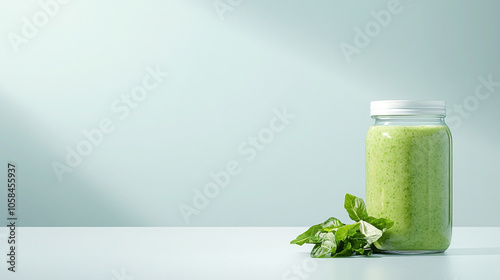 Green smoothie bottle with green leaves 