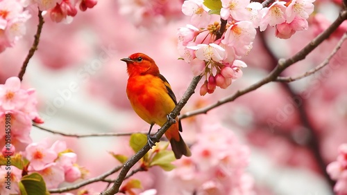 Billede på lærred Vibrant bird perched on a flowering branch