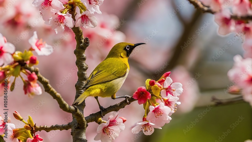 Vibrant bird perched on a flowering branch Vibrant bird perched on a flowering branch