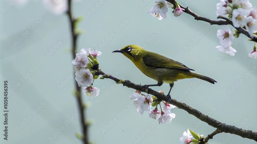 Vibrant bird perched on a flowering branch Vibrant bird perched on a flowering branch