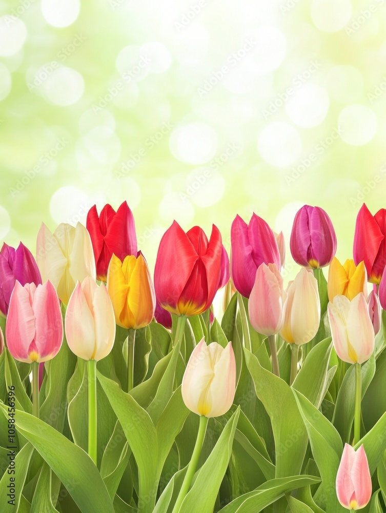 A vibrant display of colorful tulips against a soft, blurred background. A vibrant display of colorful tulips against a soft, blurred background.