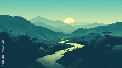 Wallpaper Mural A winding river through a green valley. silhouette illustration Torontodigital.ca