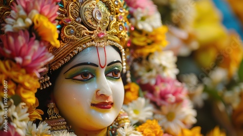 Vibrant Goddess with Elaborate Headdress and Flowers