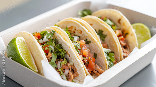 tacos filled with seasoned meat with half lime