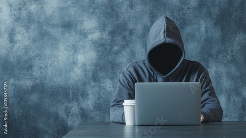 mysterious hooded figure using a laptop