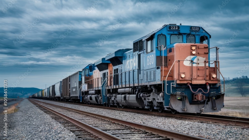 Freight train on tracks under a vast sky with clouds, showcasing modern transport