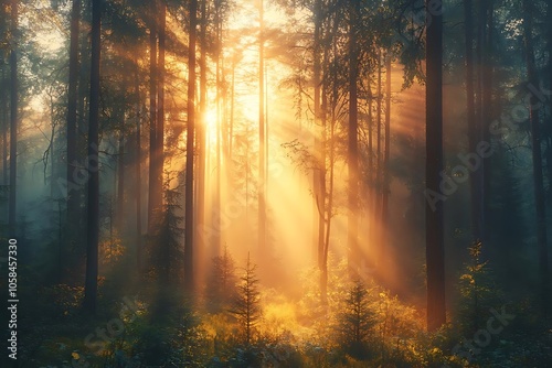 Sunlight Filtering Through the Misty Forest - A Realistic Image