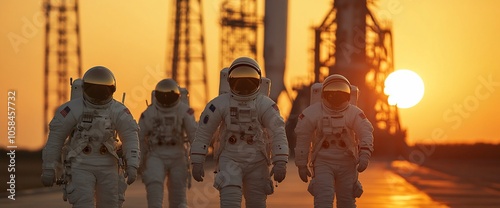 Four astronauts walk toward a rocket launchpad at sunset. photo