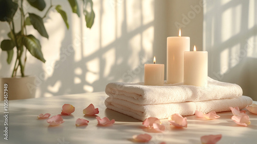 serene spa setting with lit candles, plush towels, and rose petals