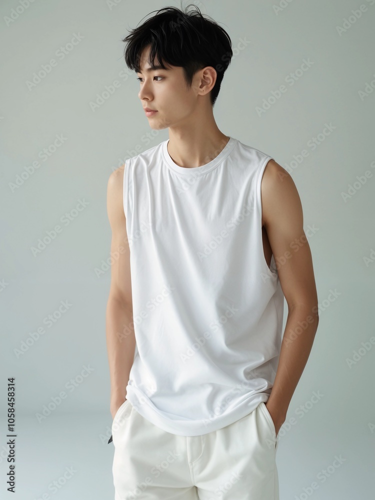 Studio Portrait of Asian Man Wearing Basic Tank Top - Front View Studio Portrait of Asian Man Wearing Basic Tank Top - Front View