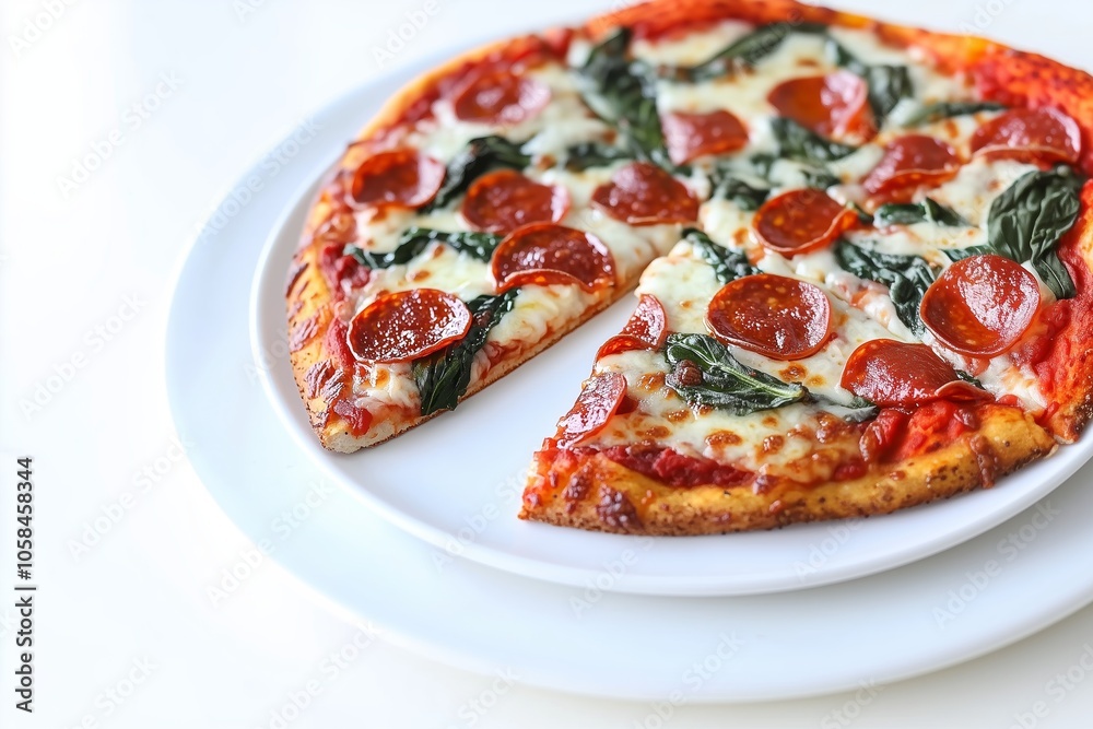 Delicious pepperoni pizza topped with fresh spinach on a white plate, showcasing a perfect slice ready to serve at a casual dining setting Delicious pepperoni pizza topped with fresh spinach on a white plate, showcasing a perfect slice ready to serve at a casual dining setting