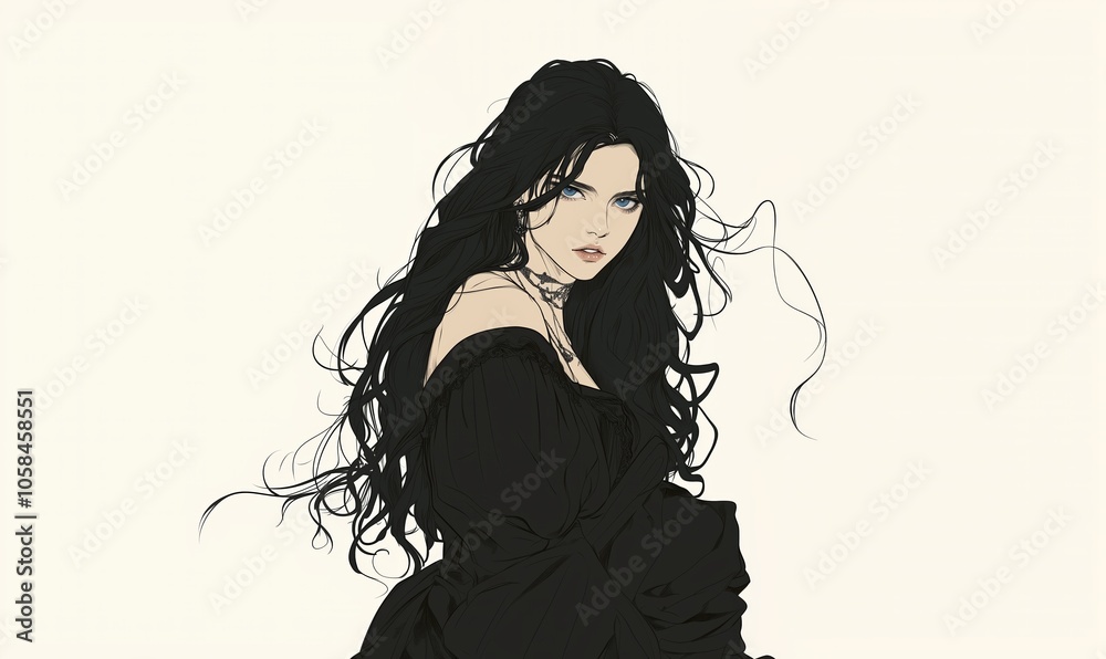 Naklejka premium A portrait of a woman with flowing black hair, wearing an elegant black dress, posing against a light background in an artistic style