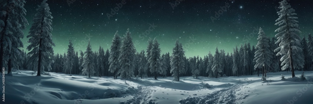 Winter night landscape. snowy forest and trees with green sky full of stars Winter night landscape. snowy forest and trees with green sky full of stars