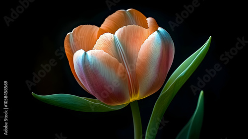 Close-up of a single orange and blue tulip on a black background. #1058458569