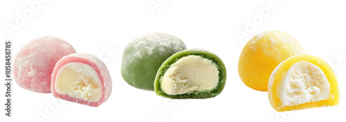 Three delicious mochi ice creams with slices in different colors on transparent background