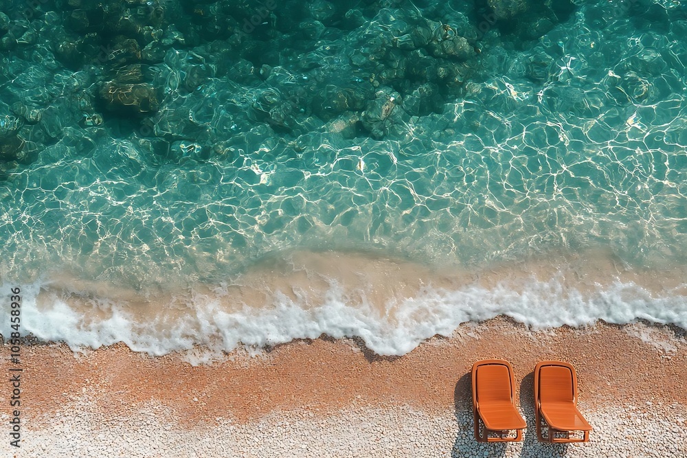 Obraz premium Beach Chairs on a Sandy Shore with Crystal Clear Turquoise Water - Photo