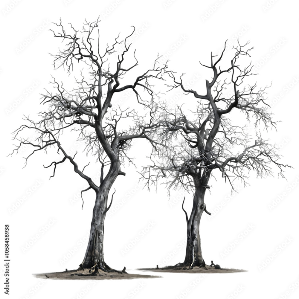 Fototapeta premium Three bare trees with intertwined branches against a black background.