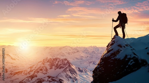 Ice climber descending glacier at sunrise, icy cliff, winter dawn adventure