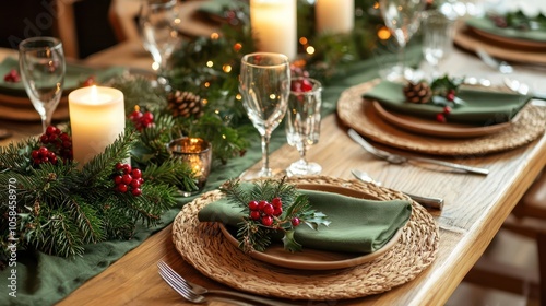 A minimalist Christmas table with natural wood chargers, green linen napkins, and a simple arrangement of holly and candles as a centerpiece