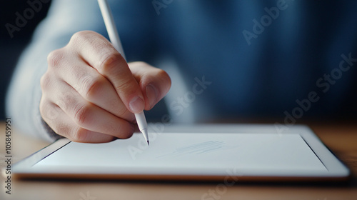 Hand holding pen writing on tablet