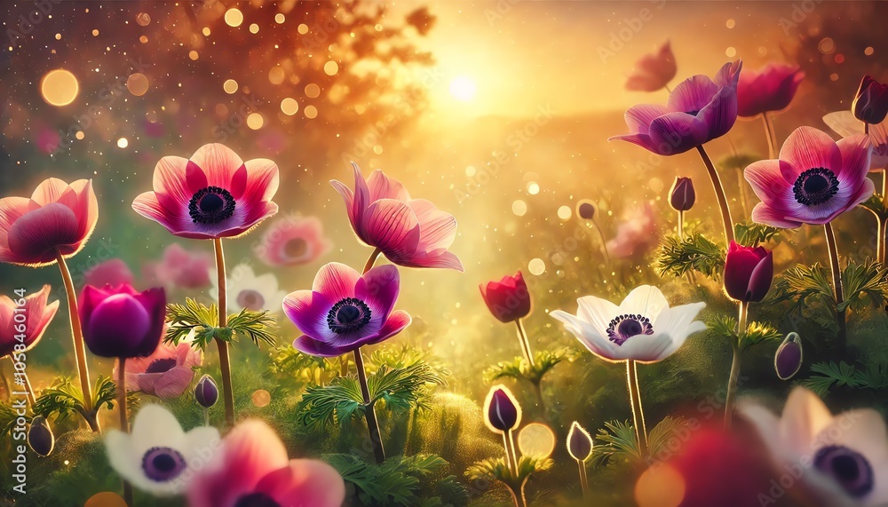Anemone flowers with vibrant pink, purple, and white petals, blooming on lush green stems Anemone flowers with vibrant pink, purple, and white petals, blooming on lush green stems