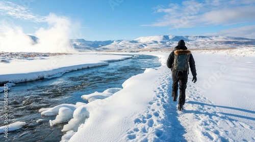 Traveler in furlined coat crossing icy river, steam rising, intense winter exploration photo