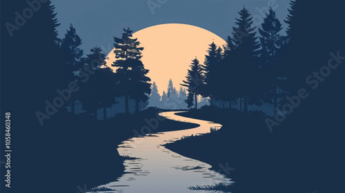 A winding road through a forest. silhouette illustration