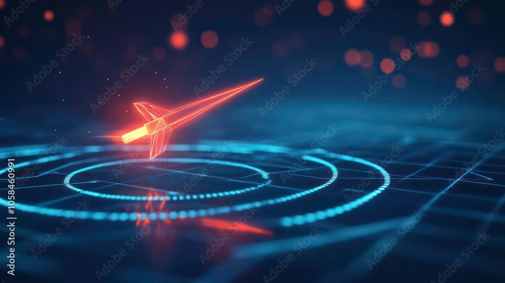 A digital representation of a missile targeting system on a futuristic grid background. A digital representation of a missile targeting system on a futuristic grid background.