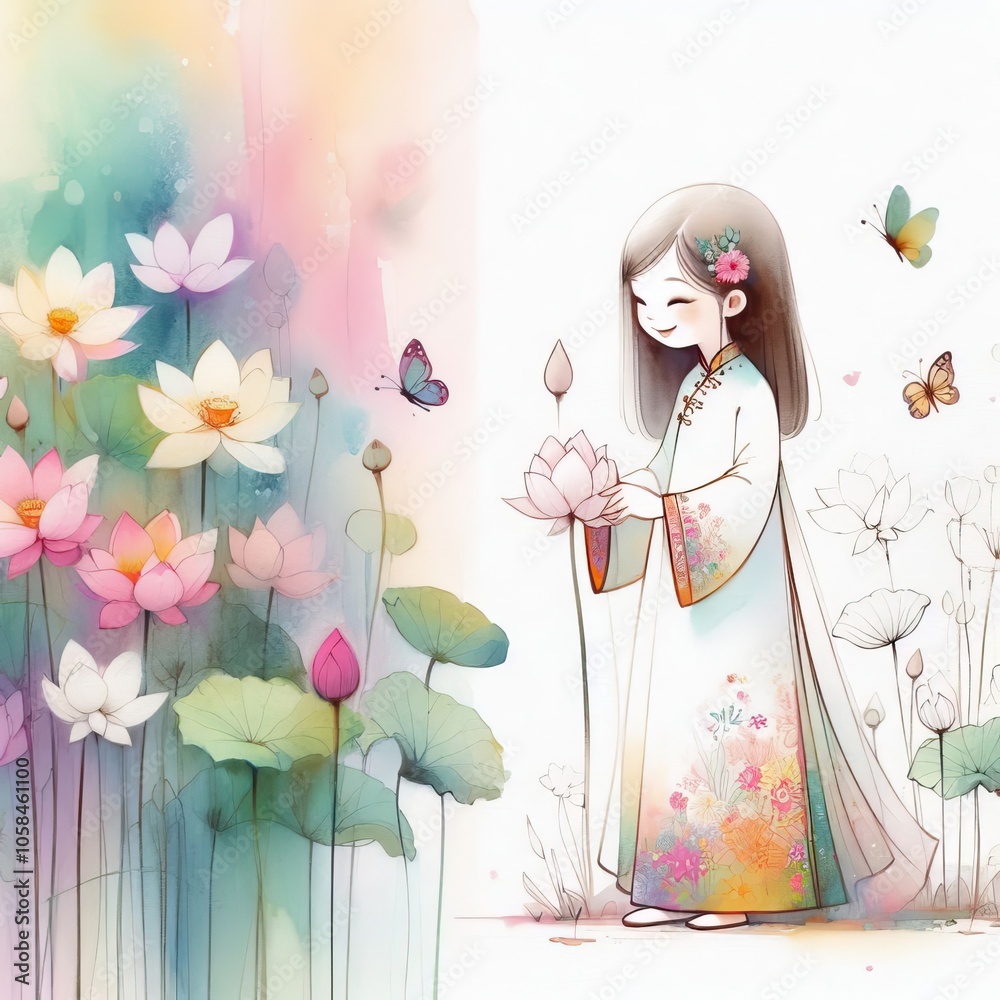 Peaceful Young Girl in Traditional Vietnam aodai Attire Amidst Lotus Flowers with Generative AI. Peaceful Young Girl in Traditional Vietnam aodai Attire Amidst Lotus Flowers with Generative AI.