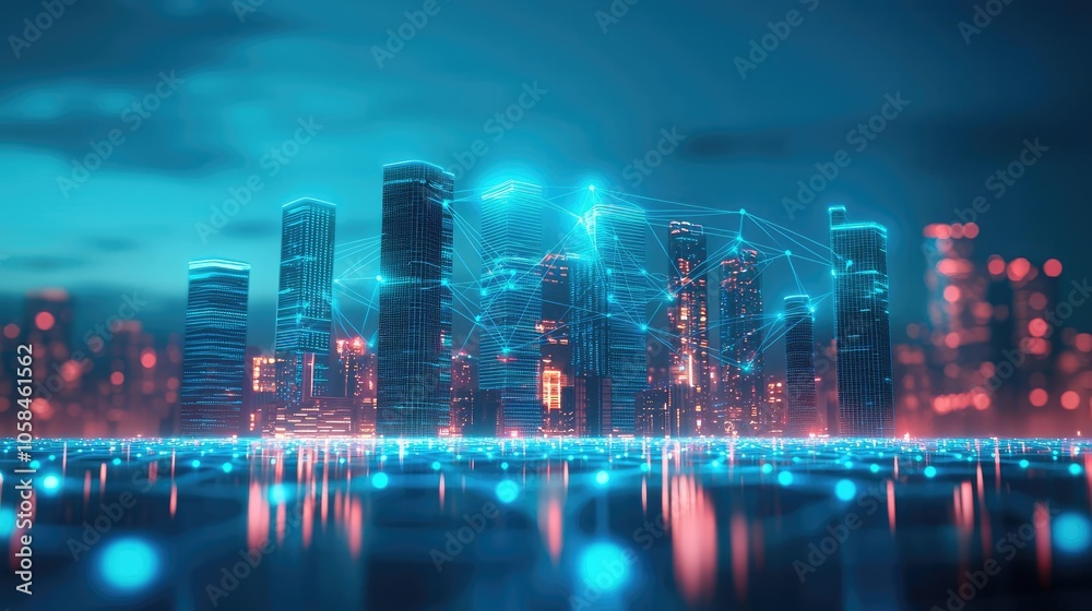 Futuristic city skyline with glowing lights and digital effects at night. Futuristic city skyline with glowing lights and digital effects at night.