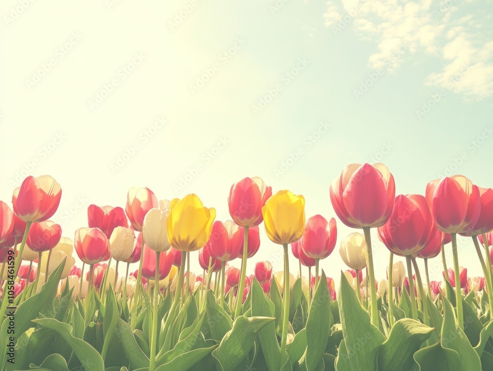 A vibrant field of tulips in various colors under a bright sky.