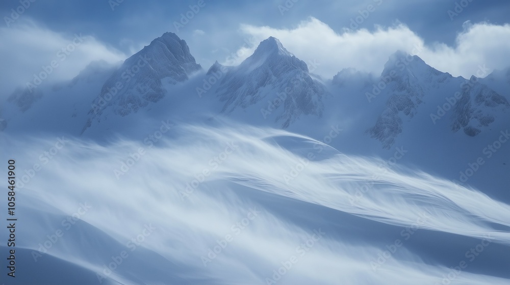 Snow covered mountain with blizzard wind Snow covered mountain with blizzard wind