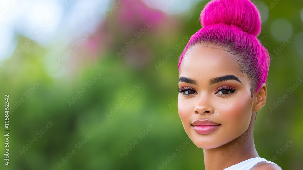 Woman with pink hair and makeup is smiling for the camera. The image has a bright and cheerful mood, with the pink hair and makeup adding a pop of color to the scene Woman with pink hair and makeup is smiling for the camera. The image has a bright and cheerful mood, with the pink hair and makeup adding a pop of color to the scene