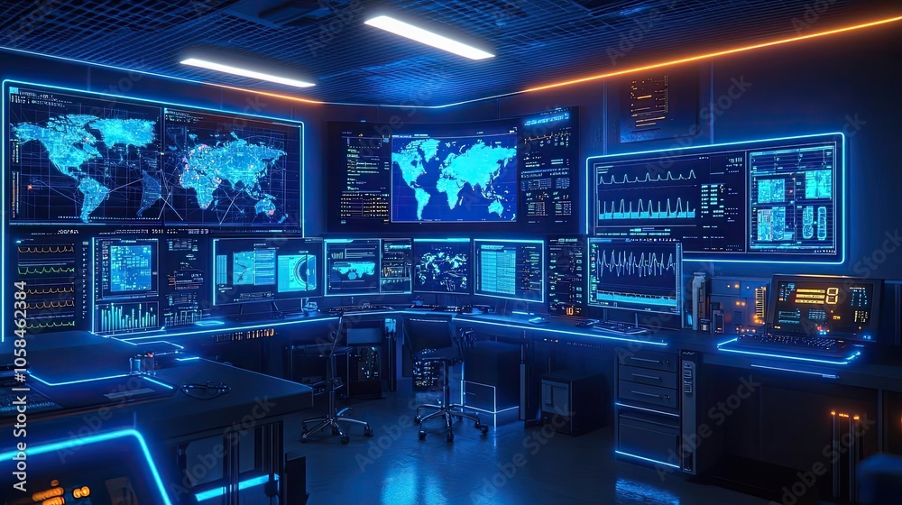 Futuristic control room with blue glowing screens and data visualizations. Futuristic control room with blue glowing screens and data visualizations.