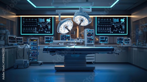 Modern surgical room equipped with advanced medical technology and monitors.