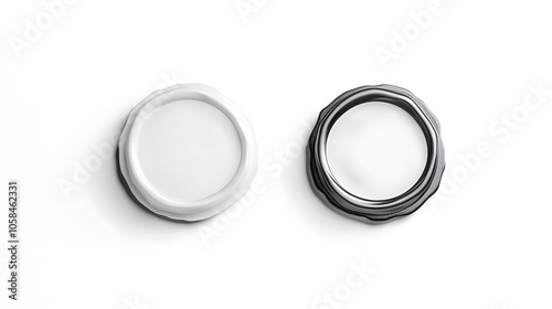 White wax stamp mockups, isolated on, depth of field, 3d rendering. Empty postage seal mockup, top view