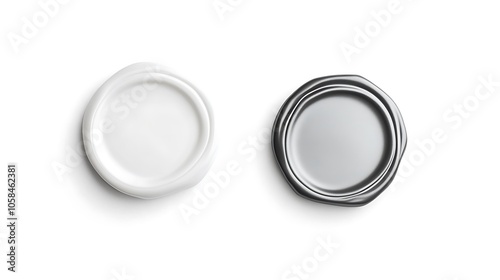 White wax stamp mockups, isolated on, depth of field, 3d rendering. Empty postage seal mockup, top view