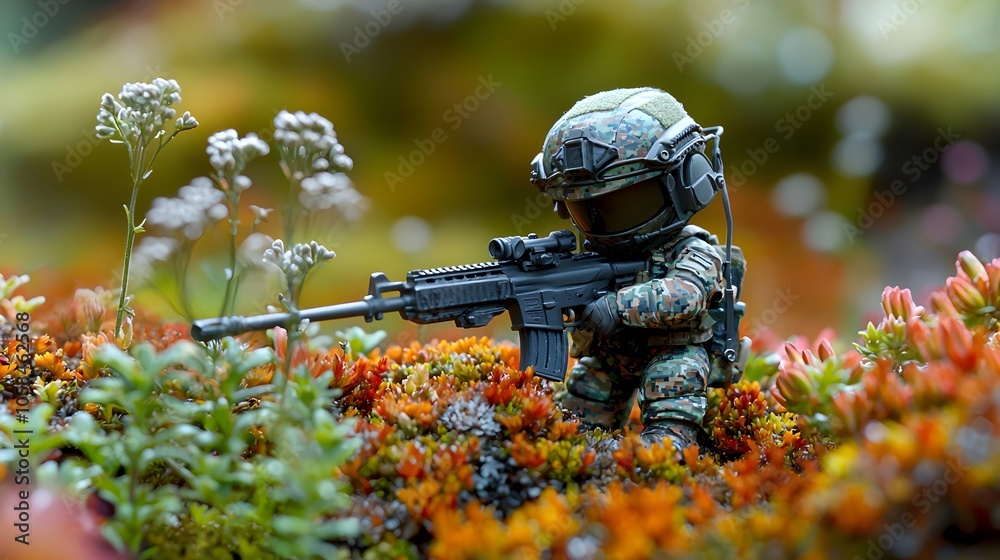 Tiny Soldier in Helmet Resting on Miniature Rifle Tiny Soldier in Helmet Resting on Miniature Rifle